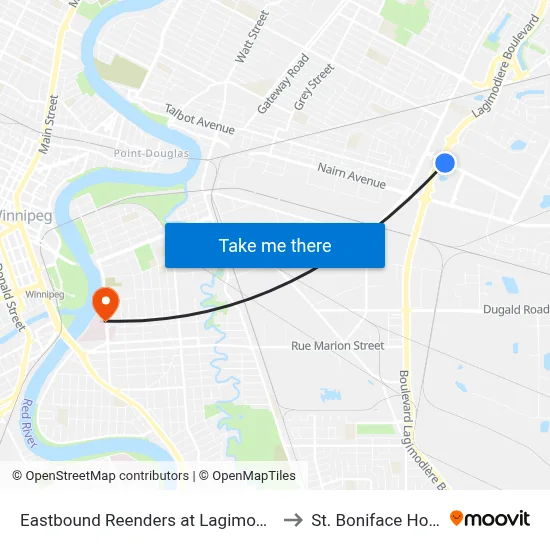 Eastbound Reenders at Lagimodiere East to St. Boniface Hospital map