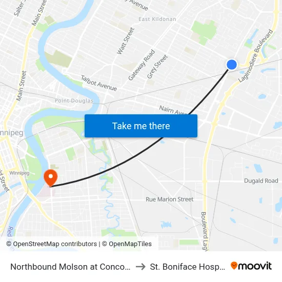 Northbound Molson at Concordia to St. Boniface Hospital map