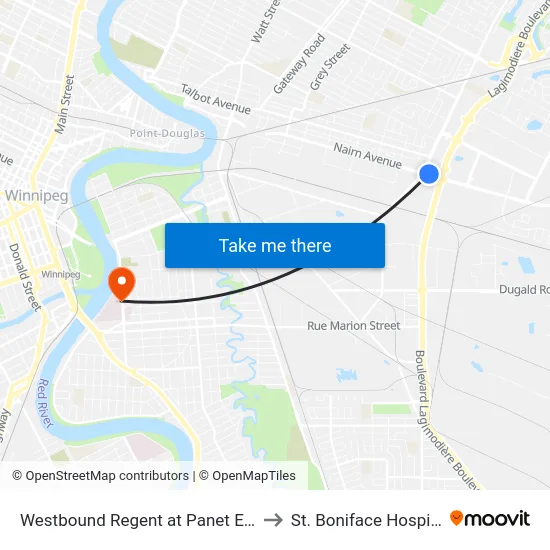 Westbound Regent at Panet East to St. Boniface Hospital map