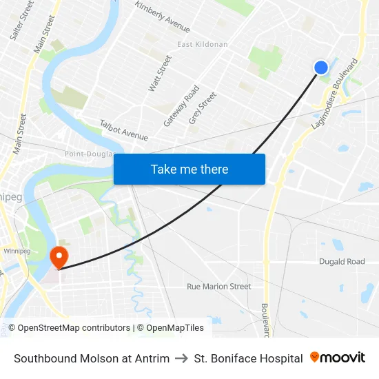 Southbound Molson at Antrim to St. Boniface Hospital map