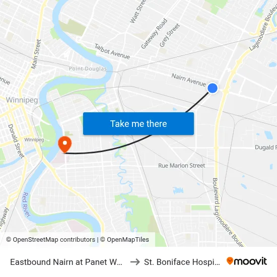Eastbound Nairn at Panet West to St. Boniface Hospital map