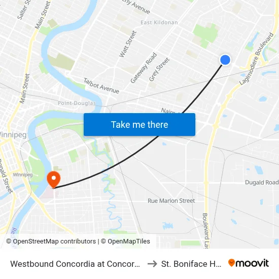 Westbound Concordia at Concordia Hospital to St. Boniface Hospital map