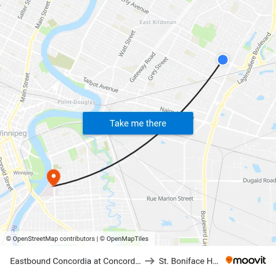 Eastbound Concordia at Concordia Hospital to St. Boniface Hospital map