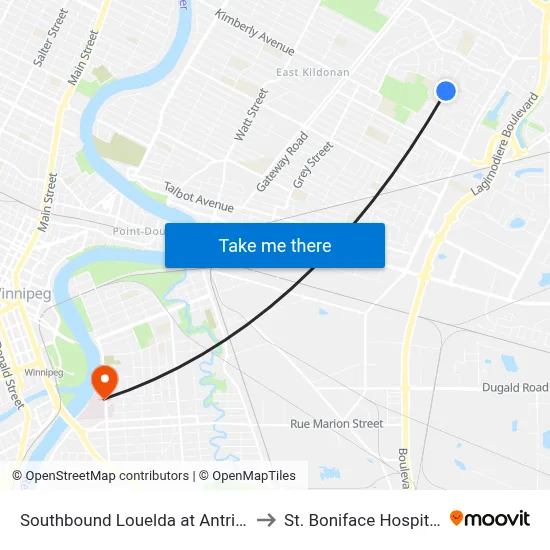 Southbound Louelda at Antrim to St. Boniface Hospital map