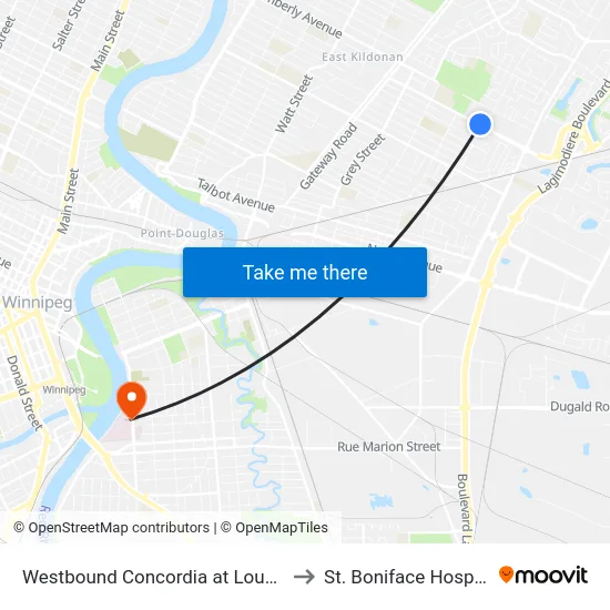 Westbound Concordia at Louelda to St. Boniface Hospital map