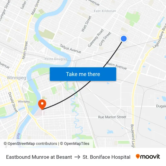 Eastbound Munroe at Besant to St. Boniface Hospital map