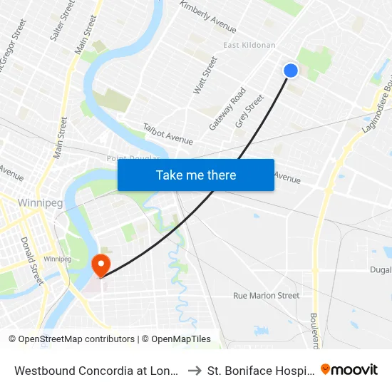 Westbound Concordia at London to St. Boniface Hospital map