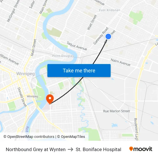 Northbound Grey at Wynten to St. Boniface Hospital map