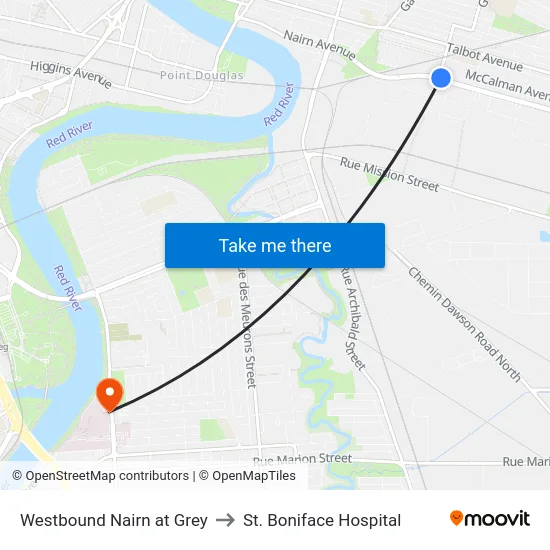 Westbound Nairn at Grey to St. Boniface Hospital map