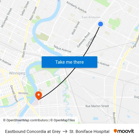 Eastbound Concordia at Grey to St. Boniface Hospital map