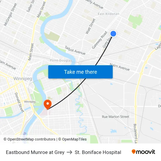 Eastbound Munroe at Grey to St. Boniface Hospital map