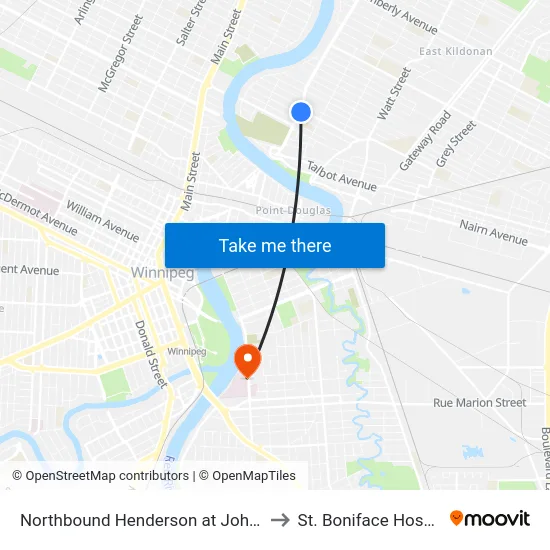 Northbound Henderson at Johnson to St. Boniface Hospital map