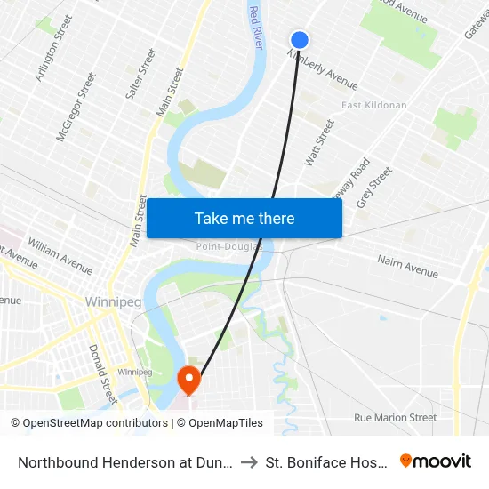 Northbound Henderson at Dunrobin to St. Boniface Hospital map