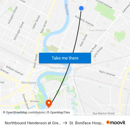 Northbound Henderson at Greene to St. Boniface Hospital map