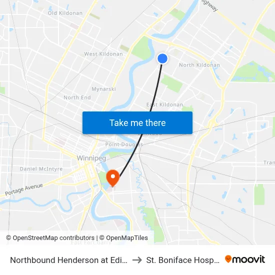 Northbound Henderson at Edison to St. Boniface Hospital map