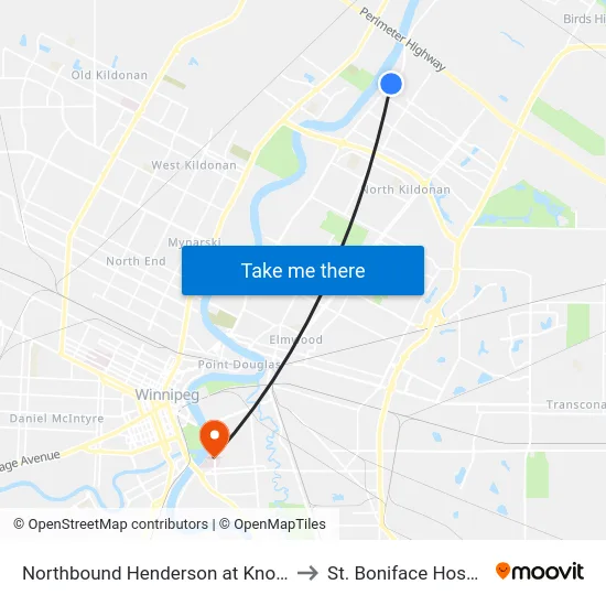 Northbound Henderson at Knowles to St. Boniface Hospital map