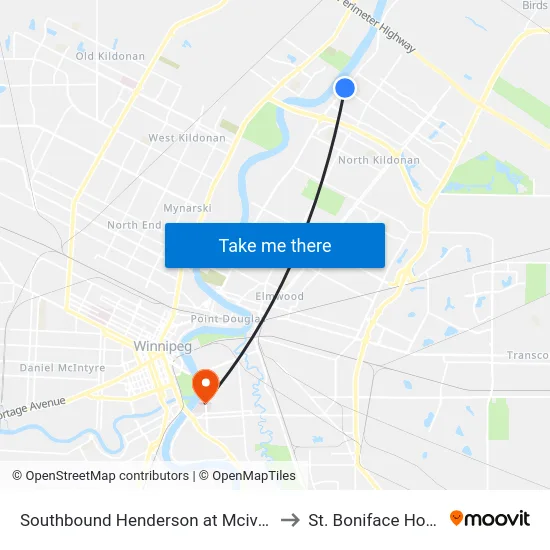 Southbound Henderson at Mcivor North to St. Boniface Hospital map