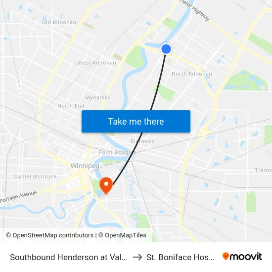 Southbound Henderson at Valhalla to St. Boniface Hospital map