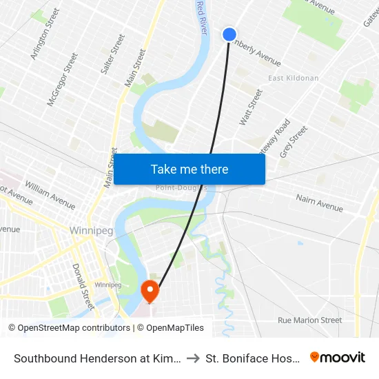 Southbound Henderson at Kimberly to St. Boniface Hospital map