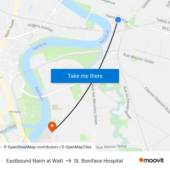 Eastbound Nairn at Watt to St. Boniface Hospital map