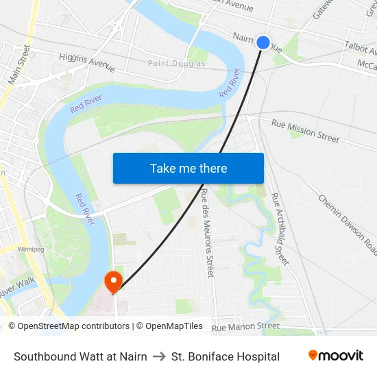 Southbound Watt at Nairn to St. Boniface Hospital map