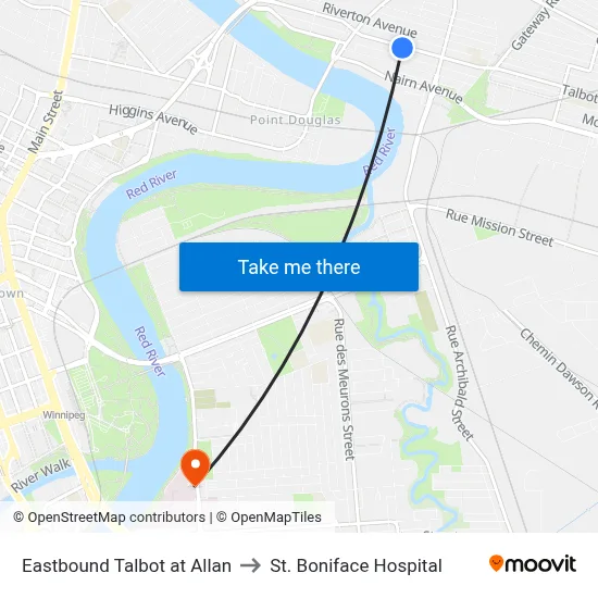 Eastbound Talbot at Allan to St. Boniface Hospital map