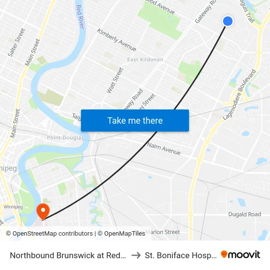 Northbound Brunswick at Red Oak to St. Boniface Hospital map