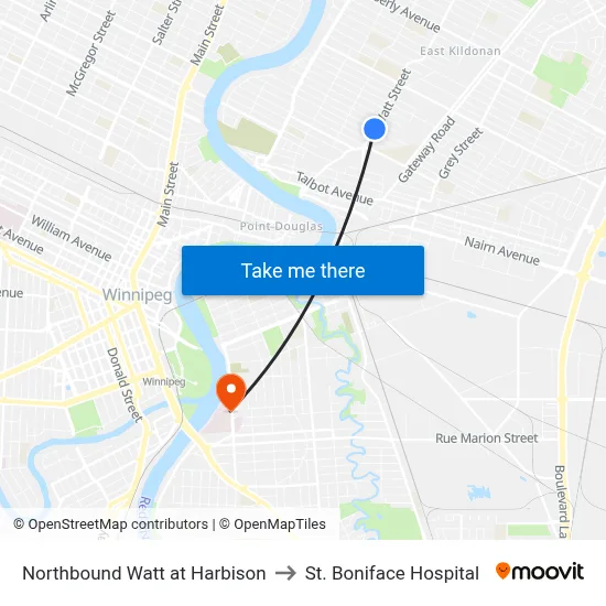 Northbound Watt at Harbison to St. Boniface Hospital map