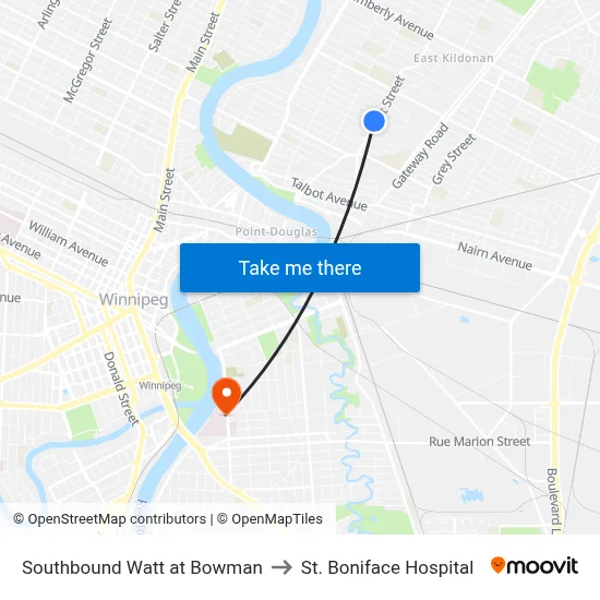 Southbound Watt at Bowman to St. Boniface Hospital map