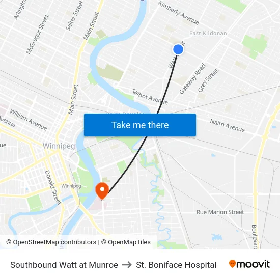 Southbound Watt at Munroe to St. Boniface Hospital map