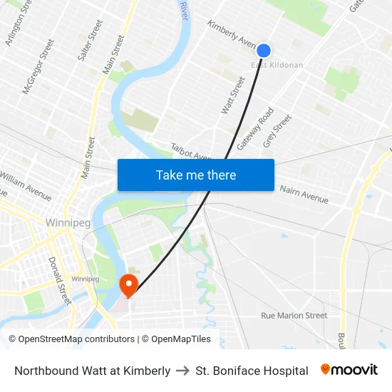 Northbound Watt at Kimberly to St. Boniface Hospital map