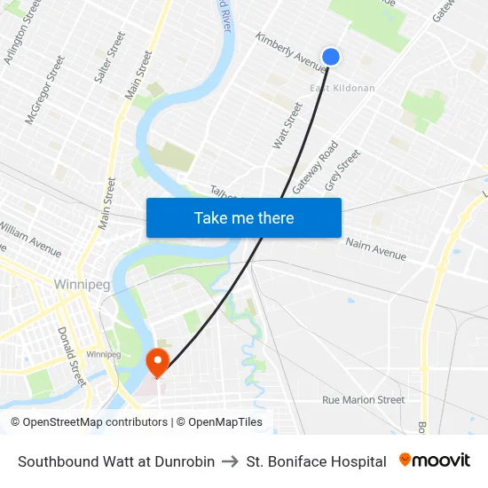 Southbound Watt at Dunrobin to St. Boniface Hospital map