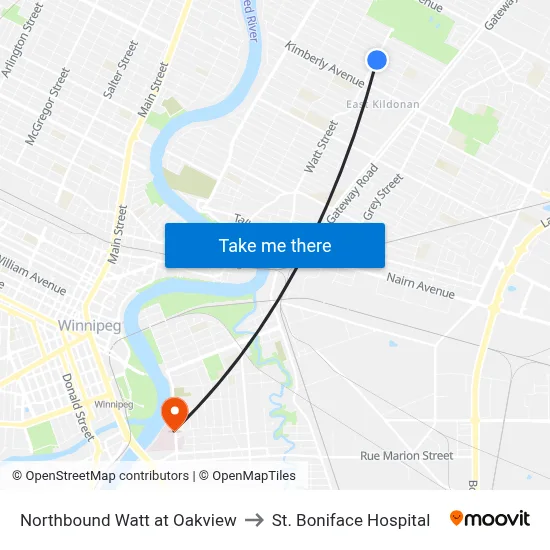 Northbound Watt at Oakview to St. Boniface Hospital map
