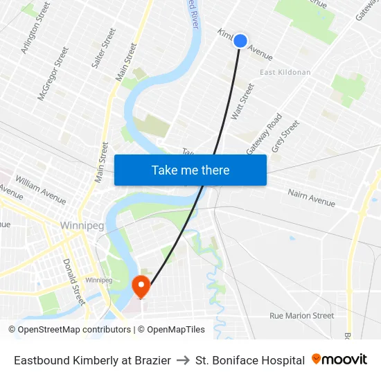 Eastbound Kimberly at Brazier to St. Boniface Hospital map