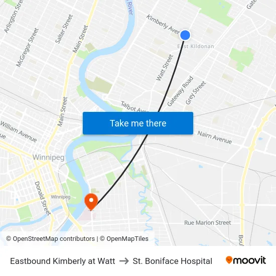Eastbound Kimberly at Watt to St. Boniface Hospital map