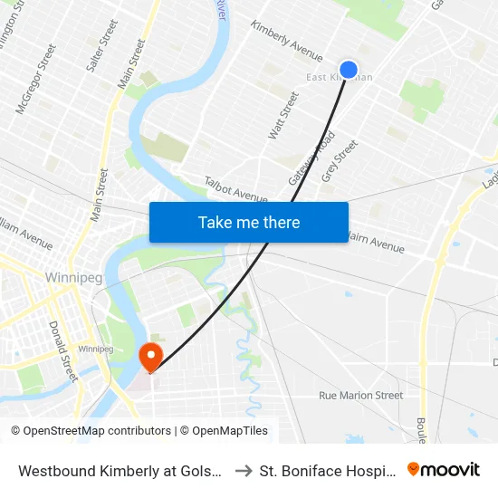 Westbound Kimberly at Golspie to St. Boniface Hospital map