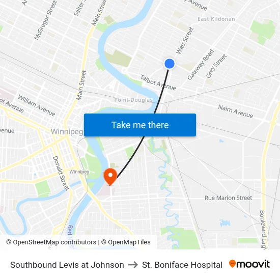 Southbound Levis at Johnson to St. Boniface Hospital map
