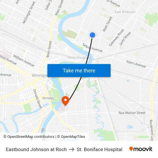 Eastbound Johnson at Roch to St. Boniface Hospital map