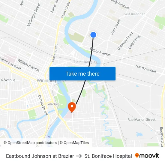 Eastbound Johnson at Brazier to St. Boniface Hospital map