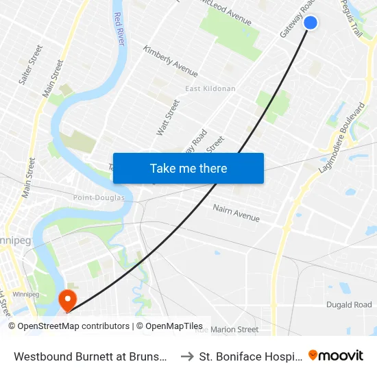 Westbound Burnett at Brunswick to St. Boniface Hospital map