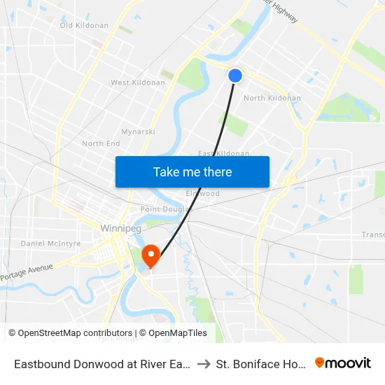 Eastbound Donwood at River East Plaza to St. Boniface Hospital map