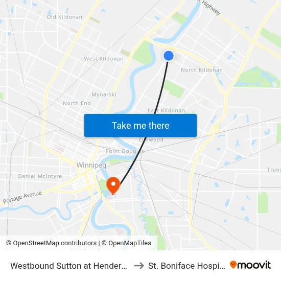Westbound Sutton at Henderson to St. Boniface Hospital map
