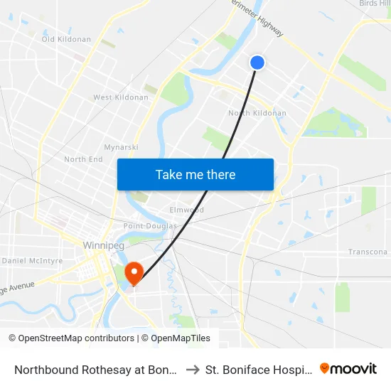 Northbound Rothesay at Bonner to St. Boniface Hospital map