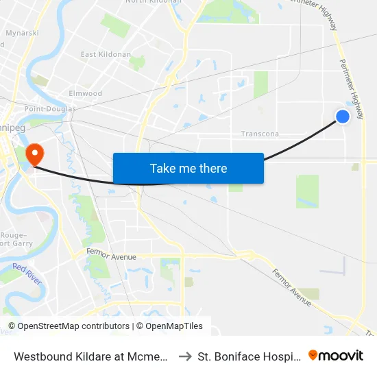 Westbound Kildare at Mcmeans to St. Boniface Hospital map