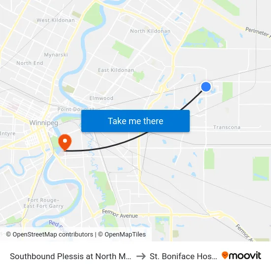 Southbound Plessis at North Meadow to St. Boniface Hospital map