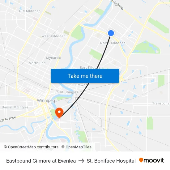 Eastbound Gilmore at Evenlea to St. Boniface Hospital map