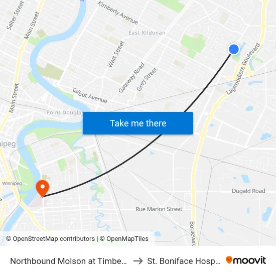 Northbound Molson at Timberline to St. Boniface Hospital map
