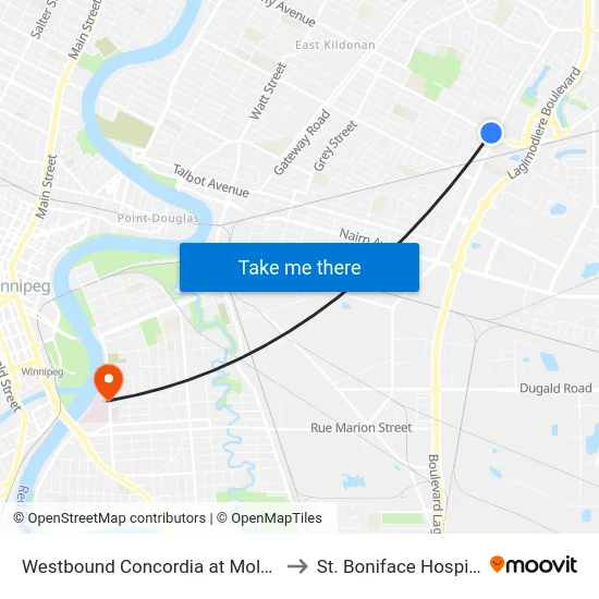 Westbound Concordia at Molson to St. Boniface Hospital map