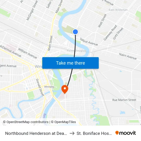 Northbound Henderson at Dearborn to St. Boniface Hospital map