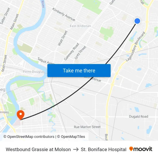 Westbound Grassie at Molson to St. Boniface Hospital map